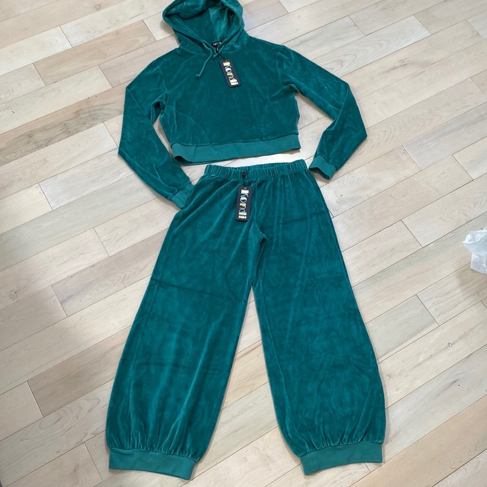 Suxie Kondi teal velour hoodie pullover & Harem pants XS